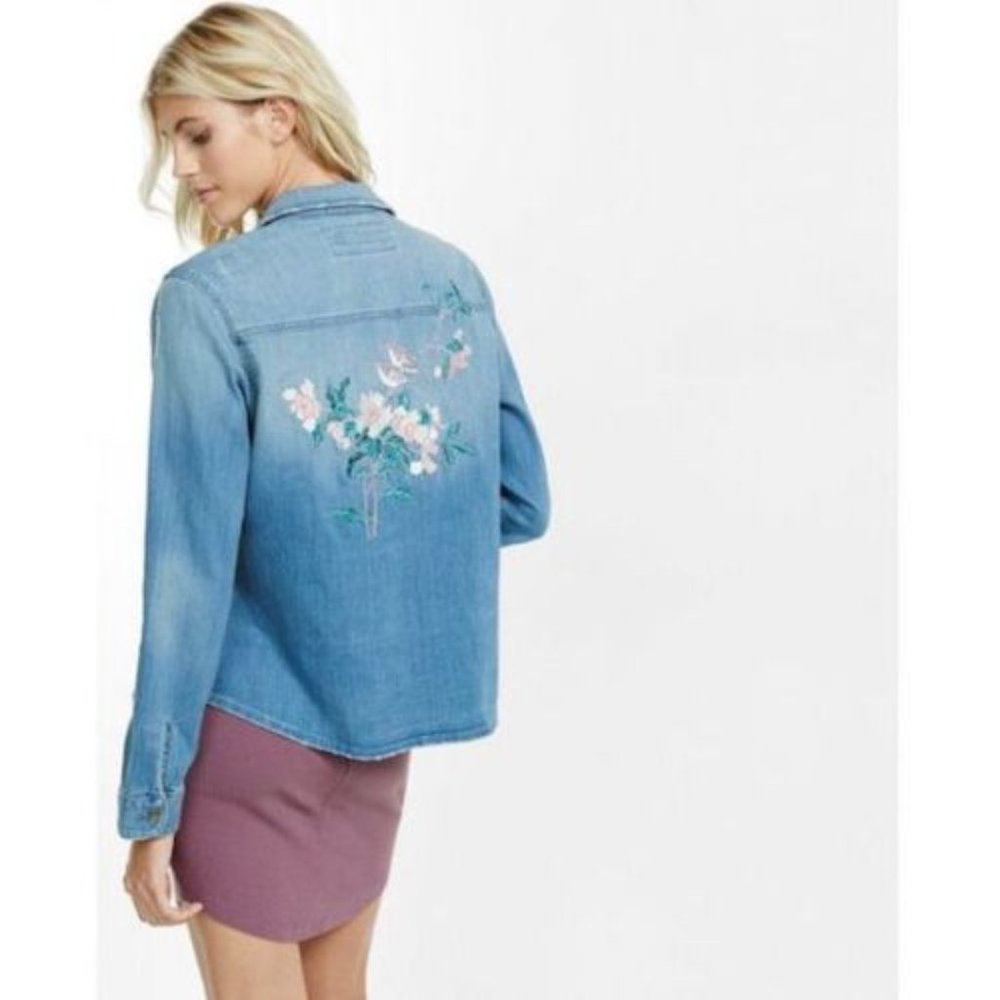 New Express Denim Jean Jacket Embroidered Floral Birds XS